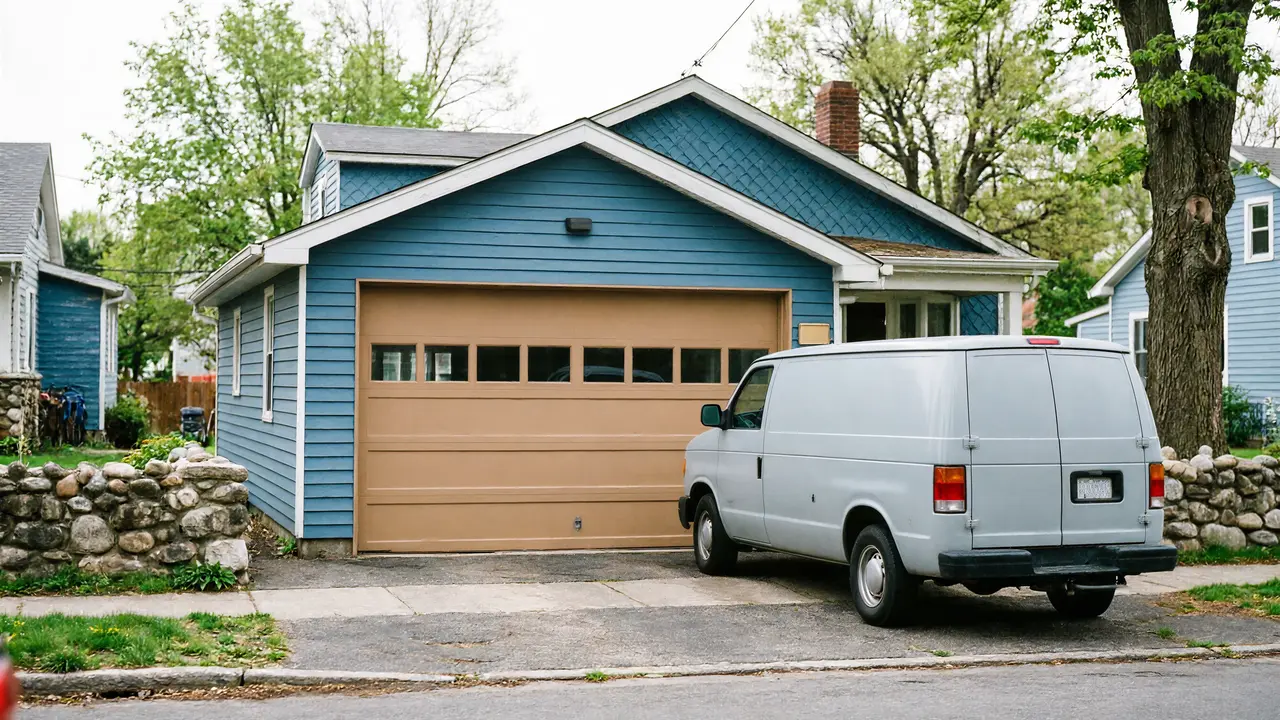 Installer on a stepladder mounting garage door track inside a new garage
