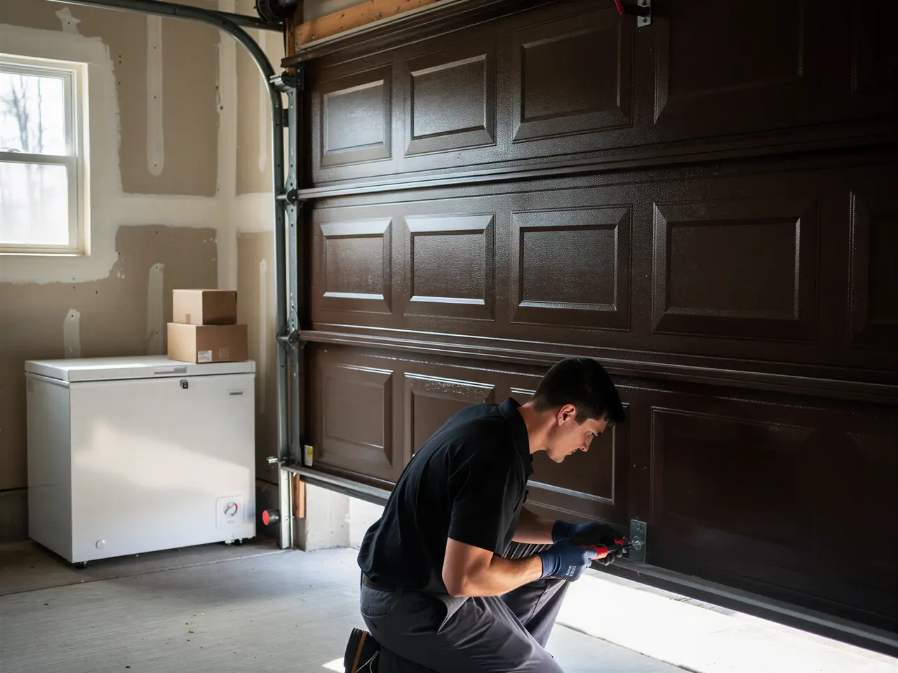 A technician kneels, working on the bottom panel of a brown garage door.