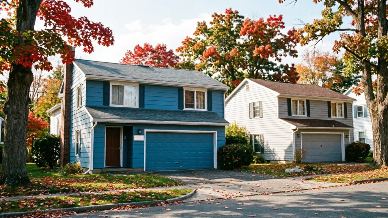 Two houses with garage doors are visible on a street in autumn.