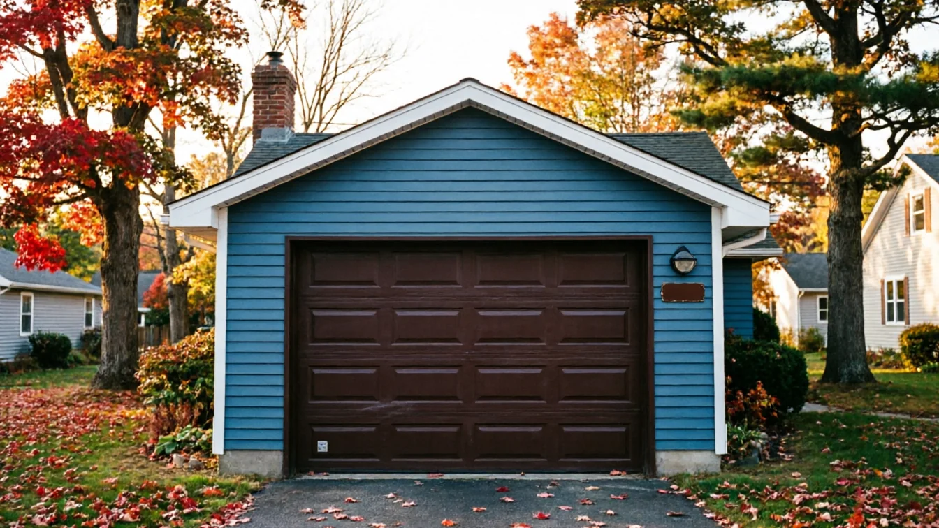 A blue garage with a brown garage door and autumn leaves on the ground.
