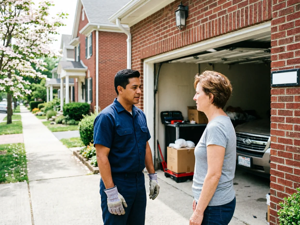 A technician talks to a woman in front of a brick house with an open garage.