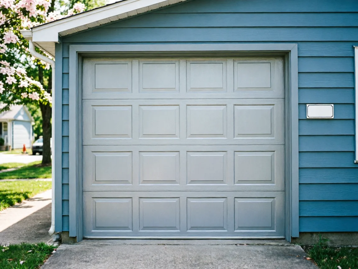 The garage door is light gray with panels, set in a blue house.