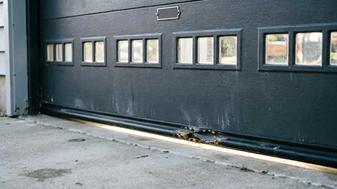 A dark gray garage door with windows and a damaged bottom seal.