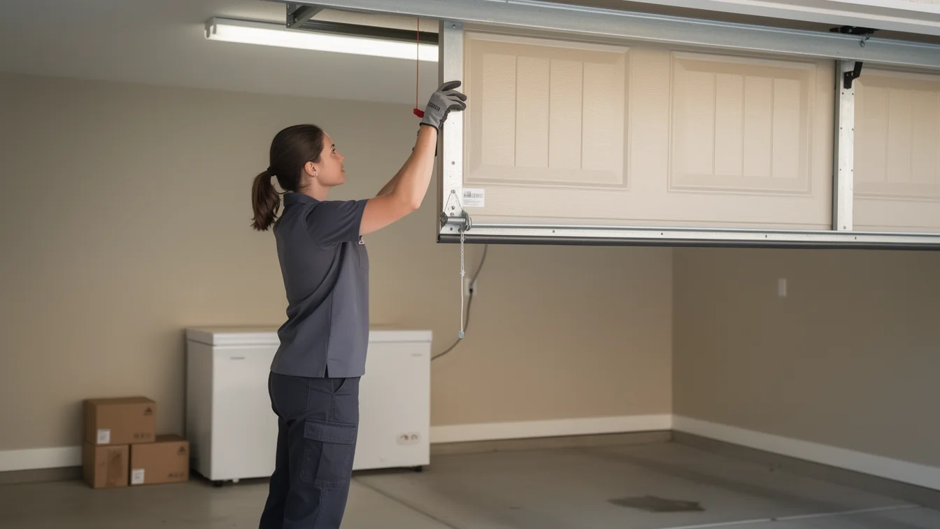 A technician in a gray uniform is adjusting a beige garage door.