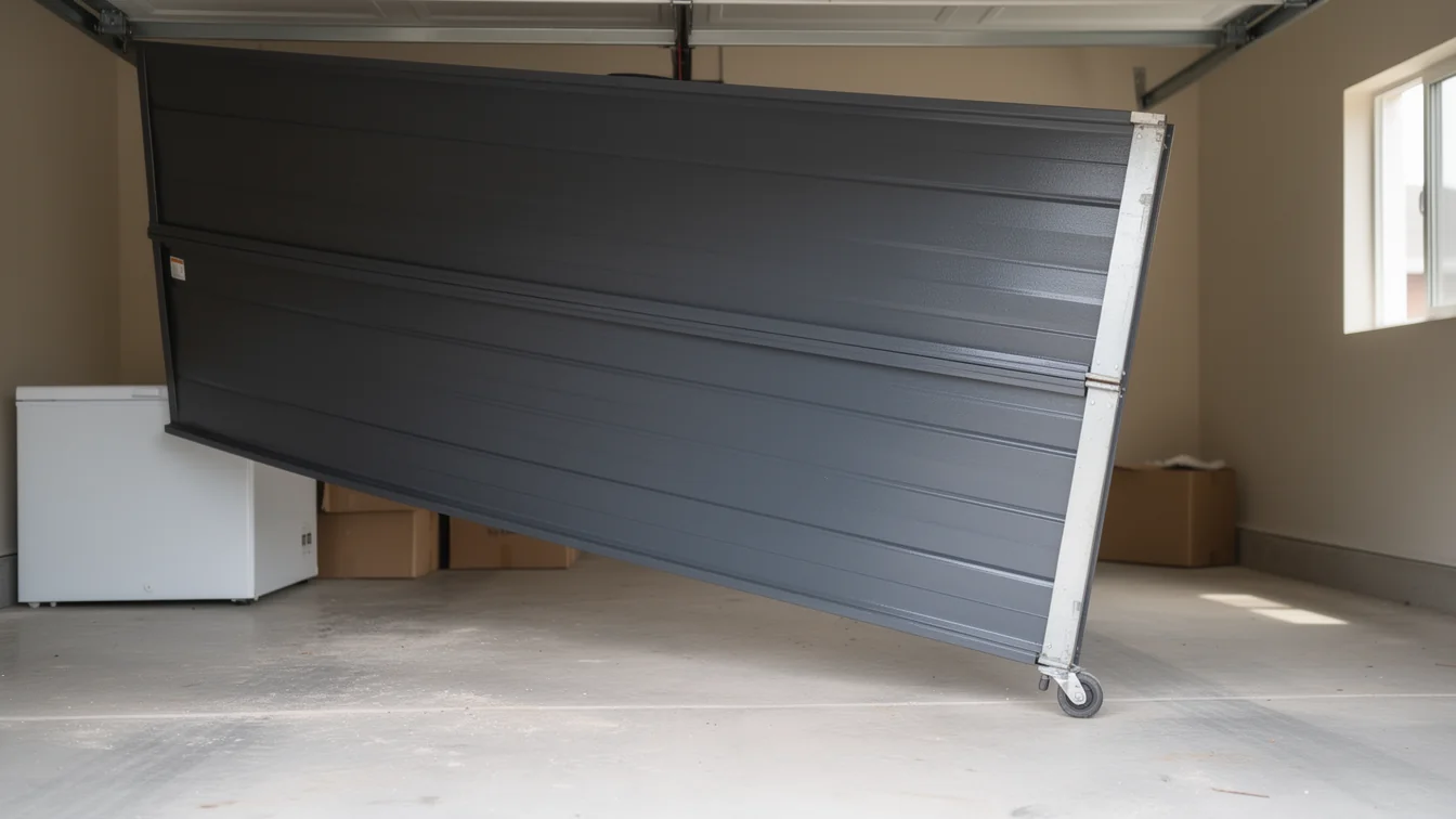 A dark gray garage door is off its tracks and leaning inside a garage.